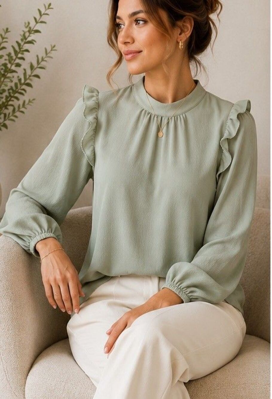 VILA Sage Green Ruffle Shoulder Blouse Women Size 36 Mock Neck Long Sleeve